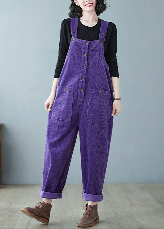 Purple Patchwork Button Cozy Corduroy Jumpsuit