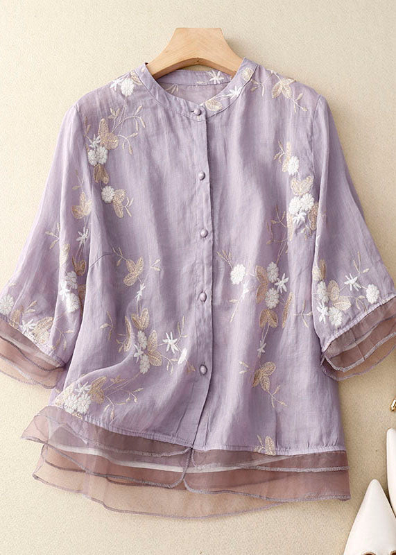 Purple Patchwork Cotton Shirt Tops Stand Collar Embroideried Summer