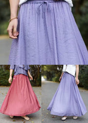 Purple Patchwork Cotton Skirts Elastic Waist Wrinkled Summer