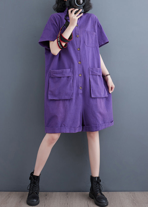 Purple Patchwork Denim Wide Leg Solid Denim Jumpsuit Short Sleeve