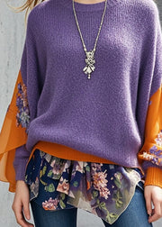 Purple Patchwork Knit Sweaters Oversized Print Fall