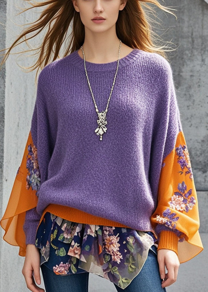 Purple Patchwork Knit Sweaters Oversized Print Fall