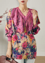 Purple Patchwork Lace Chiffon Shirt Tops V Neck Spring