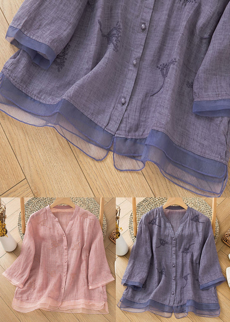 Purple Patchwork Linen Blouse Shirt Top V Neck Embroideried Half Sleeve