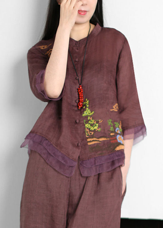 Purple Patchwork Linen Tops Embroideried Button Stand Collar Summer