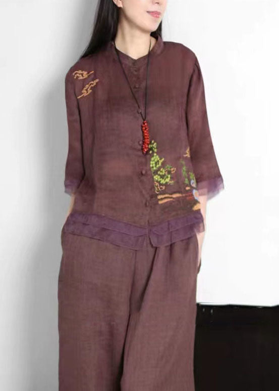 Purple Patchwork Linen Tops Embroideried Button Stand Collar Summer