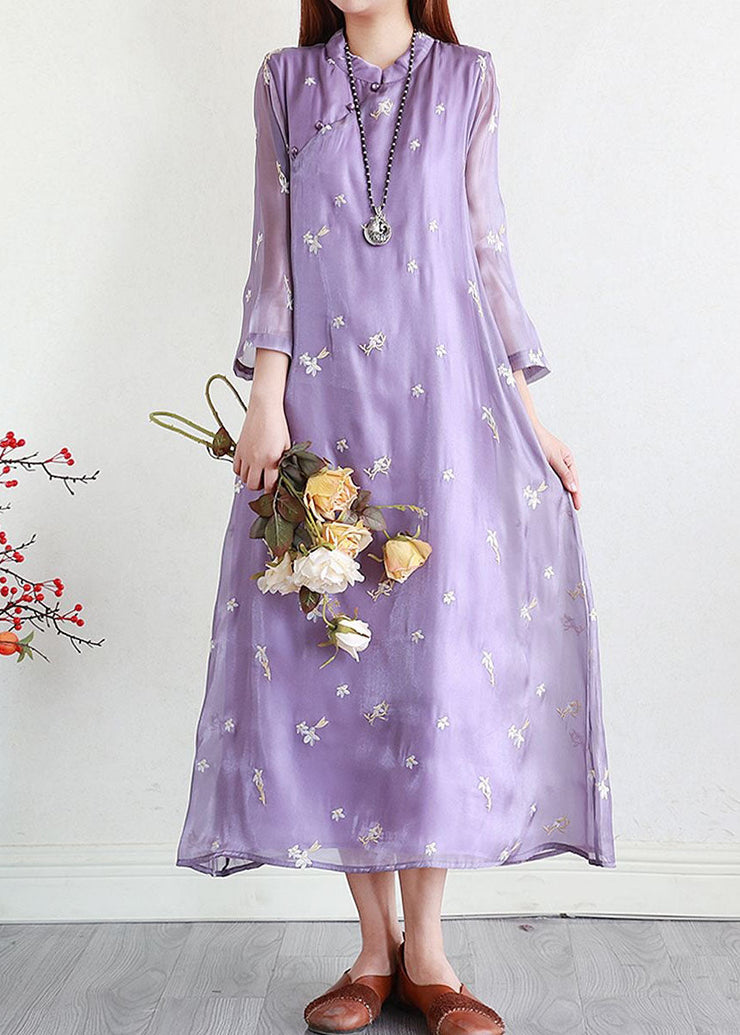 Purple Patchwork Silk Dresses Embroideried Stand Collar Summer