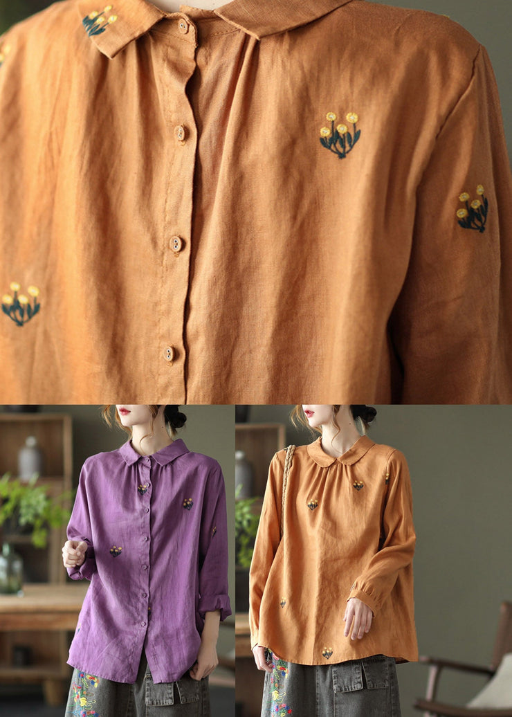 Purple Peter Pan Collar Button Linen Shirt Long Sleeve