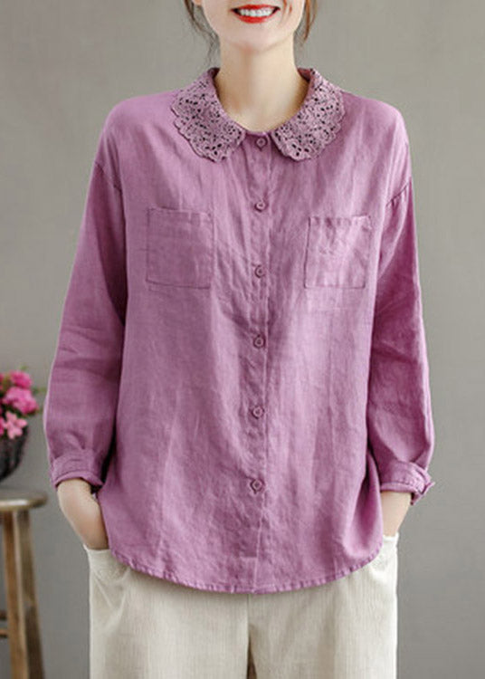 Purple Peter Pan Collar Button Linen Shirts Long Sleeve