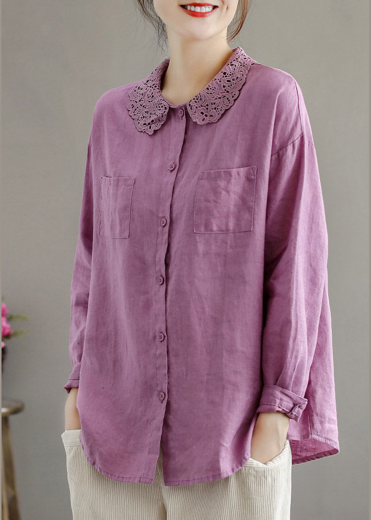 Purple Peter Pan Collar Button Linen Shirts Long Sleeve