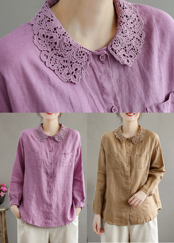 Purple Peter Pan Collar Button Linen Shirts Long Sleeve