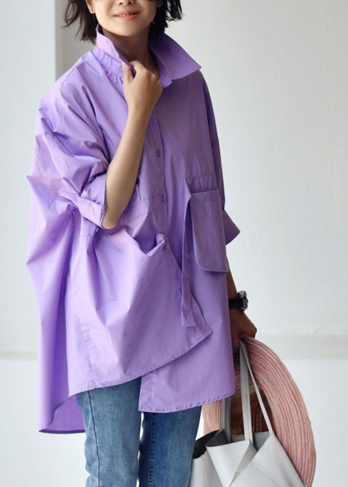 Purple text Peter Pan Collar Low High Design Cotton Shirt Long Sleeve