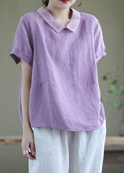 Purple Peter Pan Collar Ramie Top Short Sleeve