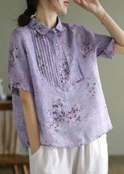 Purple Peter Pan Collar Wrinkled Button Linen Shirts Short Sleeve