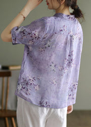 Purple Peter Pan Collar Wrinkled Button Linen Shirts Short Sleeve