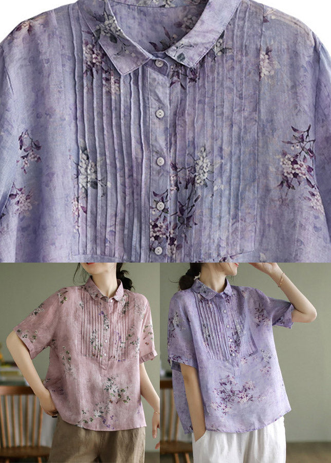 Purple Peter Pan Collar Wrinkled Button Linen Shirts Short Sleeve