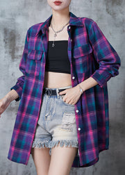 Purple Plaid Cotton Shirts Pockets Spring