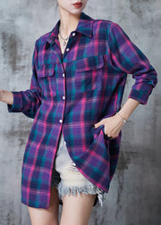 Purple Plaid Cotton Shirts Pockets Spring