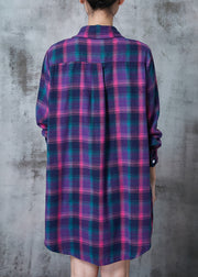 Purple Plaid Cotton Shirts Pockets Spring