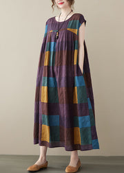 Purple Plaid Pockets Cotton Long Dress O Neck Summer