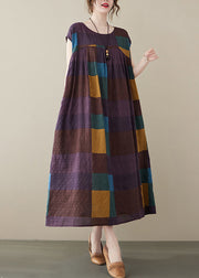 Purple Plaid Pockets Cotton Long Dress O Neck Summer