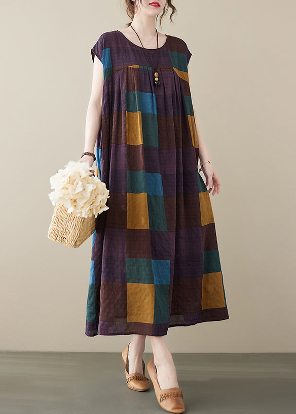 Purple Plaid Pockets Cotton Long Dress O Neck Summer