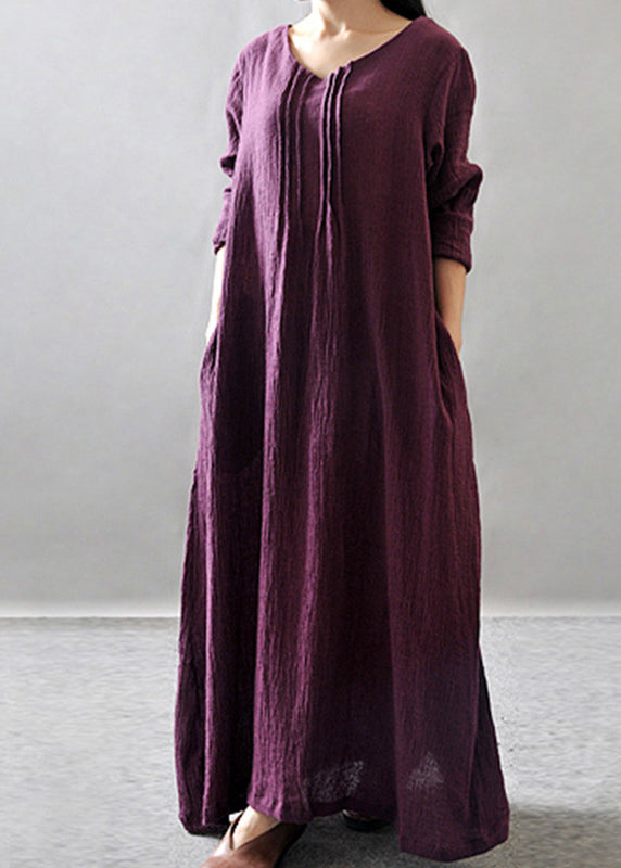 Purple Pockets Maxi Dresses Long Sleeve