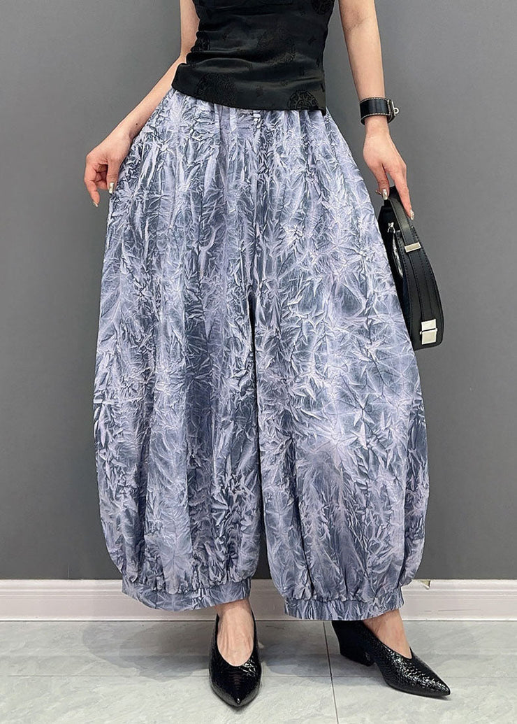 Purple Pockets Print Patchwork Cotton Pants Elastic Waist Summer