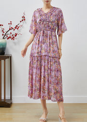 Purple Print Chiffon Beach Dress Cinched Ruffled Summer