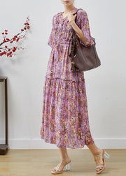 Purple Print Chiffon Beach Dress Cinched Ruffled Summer