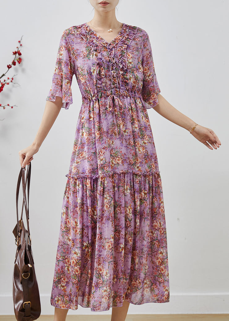 Purple Print Chiffon Beach Dress Cinched Ruffled Summer