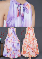 Purple Print Chiffon Beach Dresses Cold Shoulder Summer