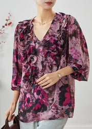 Purple Print Chiffon Blouses V Neck Ruffled Spring