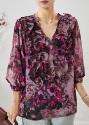 Purple Print Chiffon Blouses V Neck Ruffled Spring