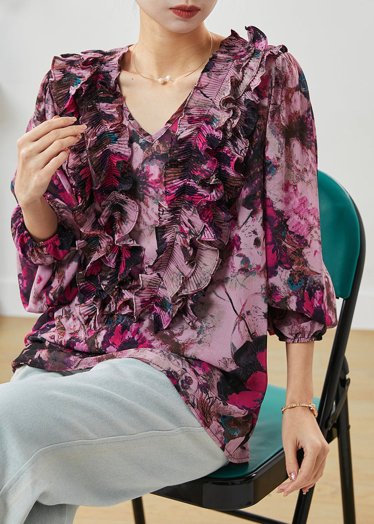 Purple Print Chiffon Blouses V Neck Ruffled Spring