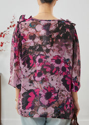 Purple Print Chiffon Blouses V Neck Ruffled Spring