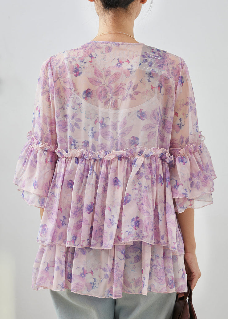 Purple Print Chiffon Shirt Tops Ruffled Flare Sleeve