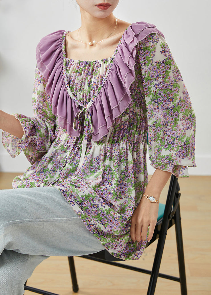 Purple Print Chiffon Shirts Ruffled Wrinkled Spring