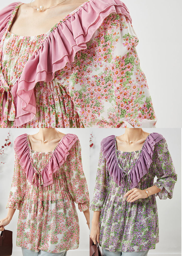 Purple Print Chiffon Shirts Ruffled Wrinkled Spring