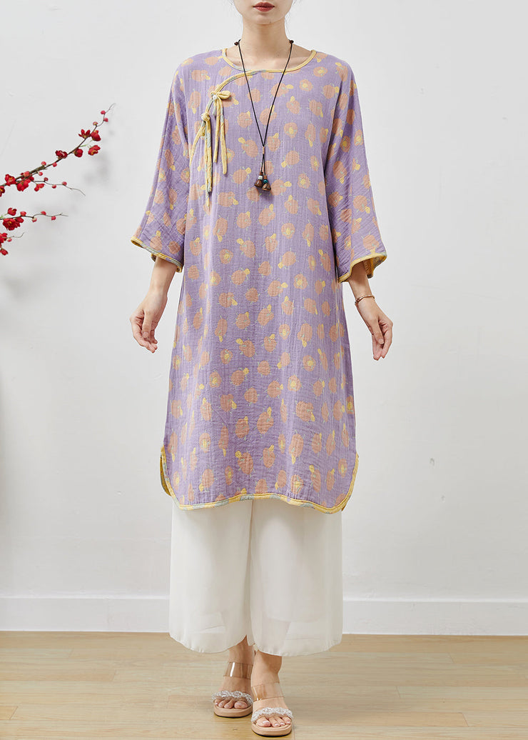 Purple Print Cotton Oriental Dresses Tasseled Spring