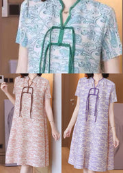 Purple Print Elegant Silk Mid Dress Stand Collar Draping Short Sleeve