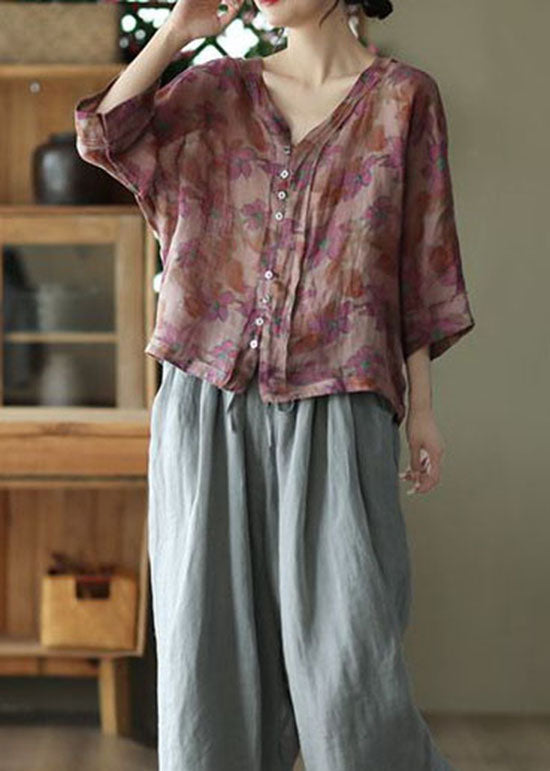 Purple Print Linen Shirt Tops V Neck Button Summer