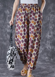 Purple Print Loose Linen Silk Harem Pants Elastic Waist Summer