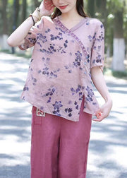 Purple Print Patchwork Loose Linen Tops V Neck Summer