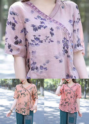 Purple Print Patchwork Loose Linen Tops V Neck Summer