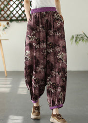 Purple Print Pockets Crop Beach Pants Summer