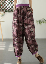 Purple Print Pockets Crop Beach Pants Summer