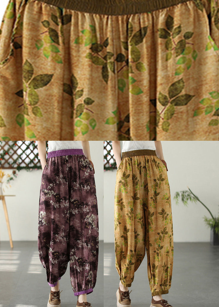 Purple Print Pockets Crop Beach Pants Summer