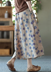 Purple Print Pockets Patchwork Linen Skirts Wrinkled Elastic Waist Summer