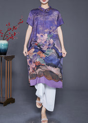 Purple Print Silk Long Dress Turn-down Collar Tassel Summer